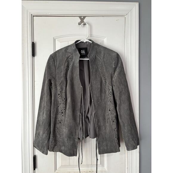 CHI Carlos Falchi Womens XL Suede Leather Jacket Gray Cutout Detail Tie Boho - Picture 1 of 3